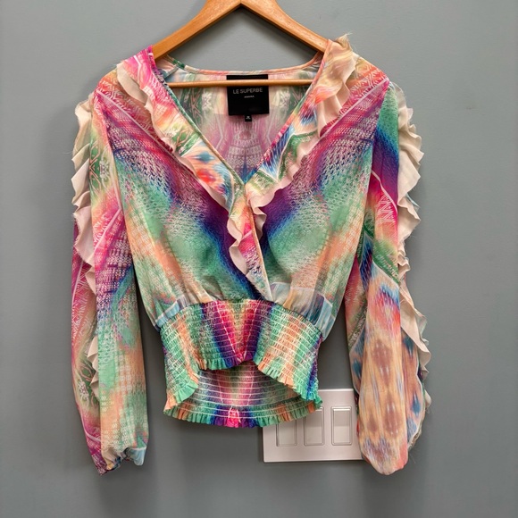 Le Superbe Good Vibrations Print Ruffle Blouse M - Picture 7 of 12